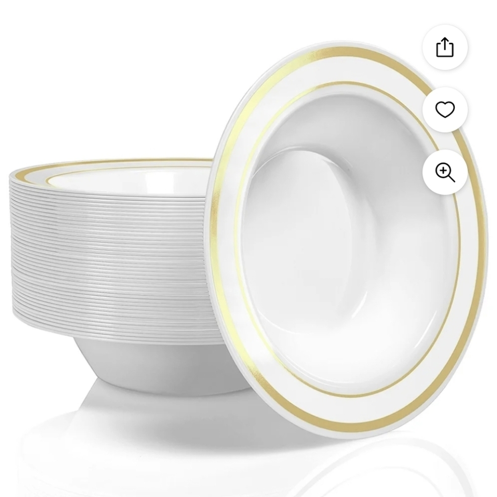 Elegant White Dinnerware Bowls Set with Gold Trim..plastic Disposable